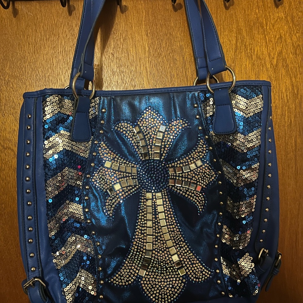 Blue Sequin Cross Tote Bag